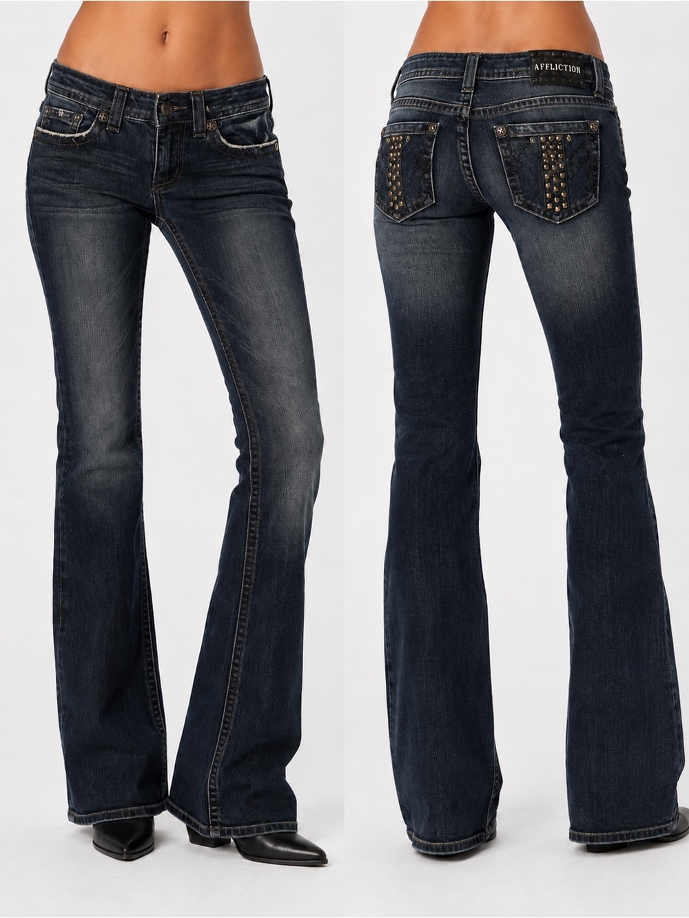 NWT Affliction Jade Low Rise Bootcut Jeans Size 25 Studded Y2K Dark Wash